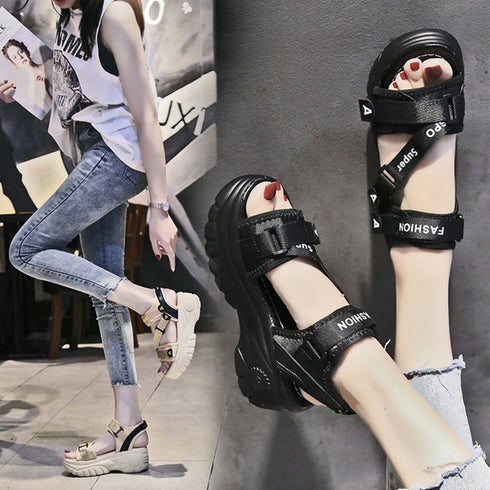 厚底スポーツサンダル ベルクロサンダル夏 レディース マジックテープ ストラップサンダル 歩きやすい スニーカーサンダル 軽量 ボリュームソール美脚コンフォート靴 86JIANL-035