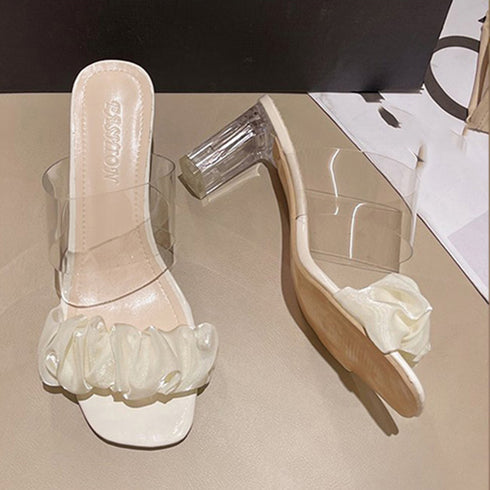 クリアヒール サンダル スクエアトゥ 夏 チャンキーヒール 美脚サンダル レディース くしゅくしゅ ミュール 歩きやすいシューズ クリアミュール ダブルベルト上品 86JIANL-036