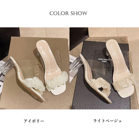 クリアヒール サンダル スクエアトゥ 夏 チャンキーヒール 美脚サンダル レディース くしゅくしゅ ミュール 歩きやすいシューズ クリアミュール ダブルベルト上品 86JIANL-036