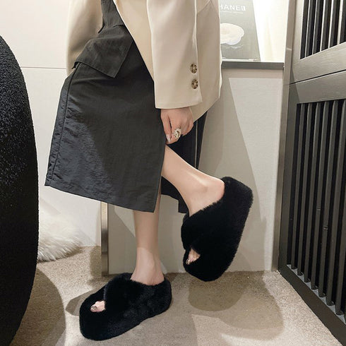 ファーサンダル 厚底 韓国ファースリッパ もこもこ あったか フラットシューズ 歩きやすい レディース フェイクファーサンダル ふわふわ ルームシューズ 疲れない 86JIANL-040