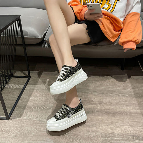 ツイードスニーカー 厚底シューズ 韓国 レディース ダッドスニーカー シークレットシューズ 身長up コンフォート おしゃれ ボリュームソール靴 高見え 人気 86JIANL-041