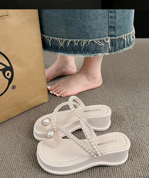 パールトングサンダル 美脚 厚底サンダル レディース 大人可愛いミュールサンダル 履きやすい パール飾り 軽量夏靴 リゾートサンダル きれいめコンフォートサンダル 86JIANL-048