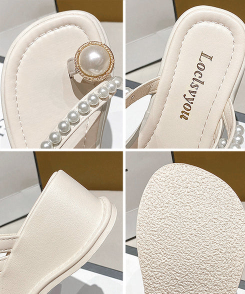 パールトングサンダル 美脚 厚底サンダル レディース 大人可愛いミュールサンダル 履きやすい パール飾り 軽量夏靴 リゾートサンダル きれいめコンフォートサンダル 86JIANL-048