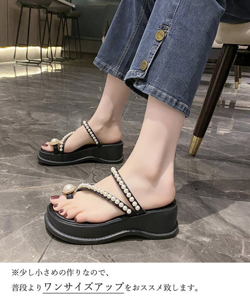 パールトングサンダル 美脚 厚底サンダル レディース 大人可愛いミュールサンダル 履きやすい パール飾り 軽量夏靴 リゾートサンダル きれいめコンフォートサンダル 86JIANL-048