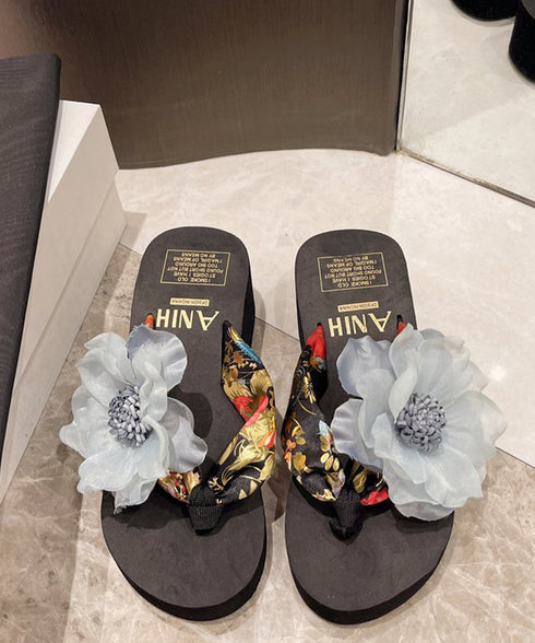 ビーチサンダル 花飾りトングサンダル厚底 ウェッジソール 歩きやすい ビーチスリッパ レディース ボヘミアン風 滑り止めサンダル 疲れないリゾートスリッパ 軽量靴 86JIANL-049