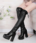 ニーハイブーツ厚底 フィットロングブーツ レディース 裏起毛ロングブーツ 11cmハイヒール ストレッチブーツ 美脚脚長秋冬靴 PUレザーニーハイブーツスエード調 86JIANL-053