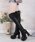 ニーハイブーツ厚底 フィットロングブーツ レディース 裏起毛ロングブーツ 11cmハイヒール ストレッチブーツ 美脚脚長秋冬靴 PUレザーニーハイブーツスエード調 86JIANL-053