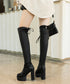 ニーハイブーツ厚底 フィットロングブーツ レディース 裏起毛ロングブーツ 11cmハイヒール ストレッチブーツ 美脚脚長秋冬靴 PUレザーニーハイブーツスエード調 86JIANL-053