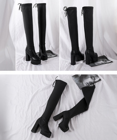 ニーハイブーツ厚底 フィットロングブーツ レディース 裏起毛ロングブーツ 11cmハイヒール ストレッチブーツ 美脚脚長秋冬靴 PUレザーニーハイブーツスエード調 86JIANL-053