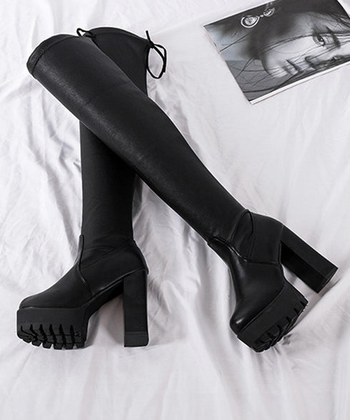 ニーハイブーツ厚底 フィットロングブーツ レディース 裏起毛ロングブーツ 11cmハイヒール ストレッチブーツ 美脚脚長秋冬靴 PUレザーニーハイブーツスエード調 86JIANL-053