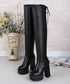 ニーハイブーツ厚底 フィットロングブーツ レディース 裏起毛ロングブーツ 11cmハイヒール ストレッチブーツ 美脚脚長秋冬靴 PUレザーニーハイブーツスエード調 86JIANL-053