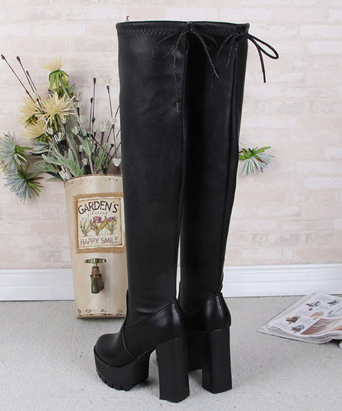 ニーハイブーツ厚底 フィットロングブーツ レディース 裏起毛ロングブーツ 11cmハイヒール ストレッチブーツ 美脚脚長秋冬靴 PUレザーニーハイブーツスエード調 86JIANL-053