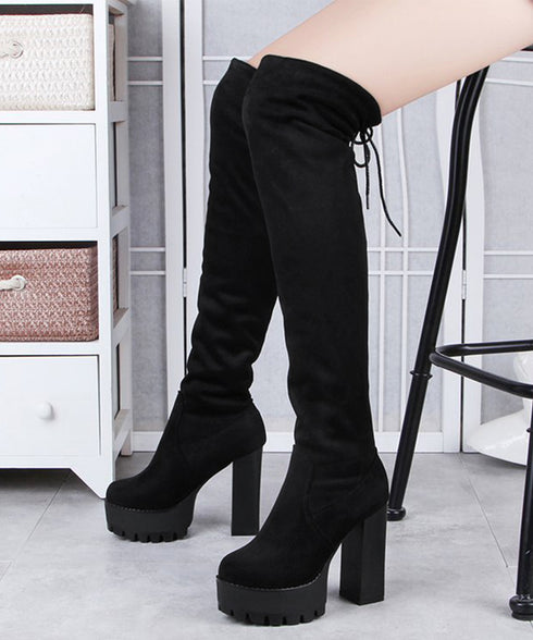 ニーハイブーツ厚底 フィットロングブーツ レディース 裏起毛ロングブーツ 11cmハイヒール ストレッチブーツ 美脚脚長秋冬靴 PUレザーニーハイブーツスエード調 86JIANL-053