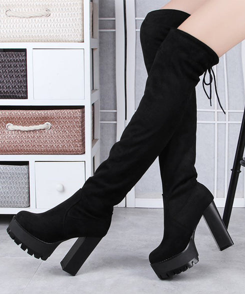 ニーハイブーツ厚底 フィットロングブーツ レディース 裏起毛ロングブーツ 11cmハイヒール ストレッチブーツ 美脚脚長秋冬靴 PUレザーニーハイブーツスエード調 86JIANL-053