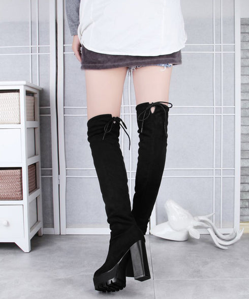 ニーハイブーツ厚底 フィットロングブーツ レディース 裏起毛ロングブーツ 11cmハイヒール ストレッチブーツ 美脚脚長秋冬靴 PUレザーニーハイブーツスエード調 86JIANL-053