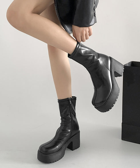 厚底ショートブーツサイドジッパーブーティ レディース ハイヒールブーツ チャンキーヒール アンクルブーツ 歩きやすい 美脚脚長シューズ ヒール9cm 韓国風ブーツ 86JIANL-054