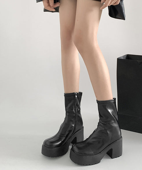 厚底ショートブーツサイドジッパーブーティ レディース ハイヒールブーツ チャンキーヒール アンクルブーツ 歩きやすい 美脚脚長シューズ ヒール9cm 韓国風ブーツ 86JIANL-054