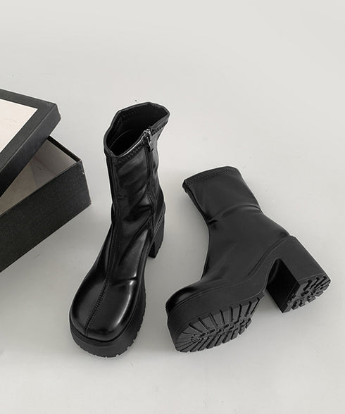 厚底ショートブーツサイドジッパーブーティ レディース ハイヒールブーツ チャンキーヒール アンクルブーツ 歩きやすい 美脚脚長シューズ ヒール9cm 韓国風ブーツ 86JIANL-054