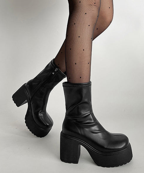 厚底ショートブーツサイドジッパーブーティ レディース ハイヒールブーツ チャンキーヒール アンクルブーツ 歩きやすい 美脚脚長シューズ ヒール9cm 韓国風ブーツ 86JIANL-054