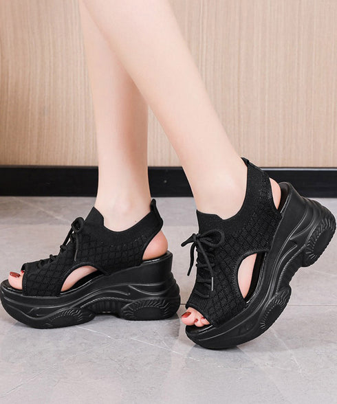 厚底ニットサンダル スポーツサンダル 夏 ボリュームソールサンダル レースアップ靴 歩きやすい痛くないスタイルアップ 韓国風サマーシューズオープントゥ 通気性軽量 86JIANL-058