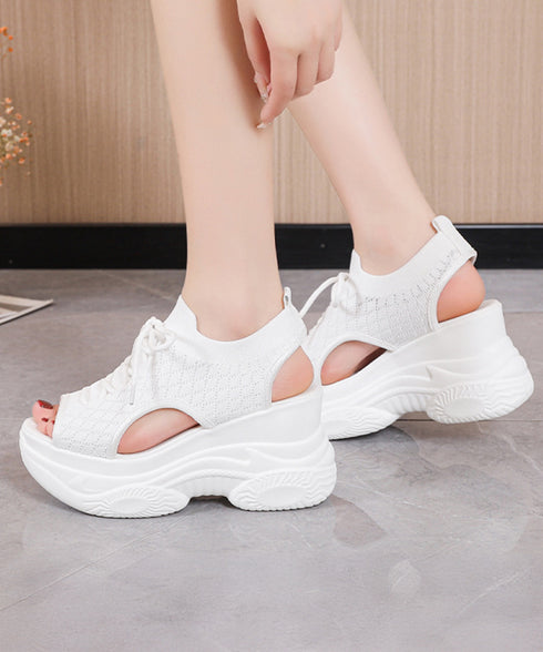 厚底ニットサンダル スポーツサンダル 夏 ボリュームソールサンダル レースアップ靴 歩きやすい痛くないスタイルアップ 韓国風サマーシューズオープントゥ 通気性軽量 86JIANL-058