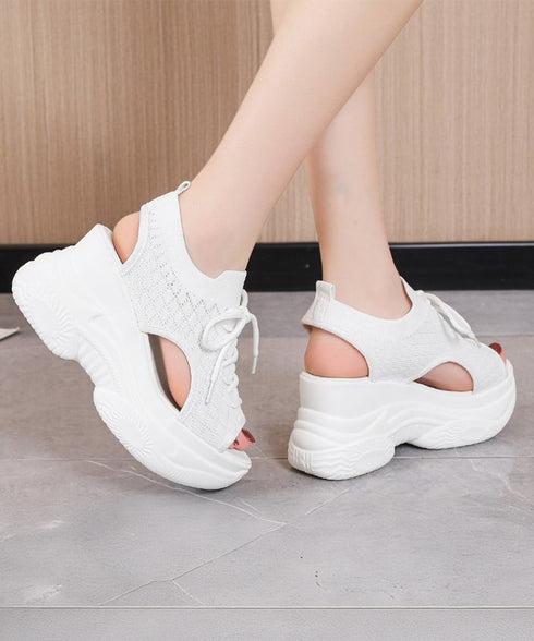 厚底ニットサンダル スポーツサンダル 夏 ボリュームソールサンダル レースアップ靴 歩きやすい痛くないスタイルアップ 韓国風サマーシューズオープントゥ 通気性軽量 86JIANL-058