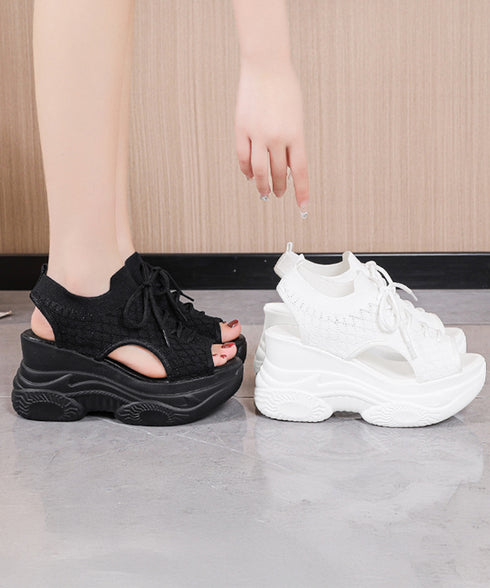 厚底ニットサンダル スポーツサンダル 夏 ボリュームソールサンダル レースアップ靴 歩きやすい痛くないスタイルアップ 韓国風サマーシューズオープントゥ 通気性軽量 86JIANL-058