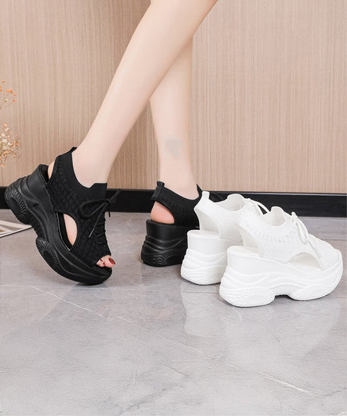 厚底ニットサンダル スポーツサンダル 夏 ボリュームソールサンダル レースアップ靴 歩きやすい痛くないスタイルアップ 韓国風サマーシューズオープントゥ 通気性軽量 86JIANL-058