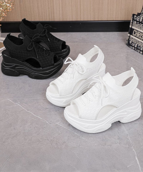 厚底ニットサンダル スポーツサンダル 夏 ボリュームソールサンダル レースアップ靴 歩きやすい痛くないスタイルアップ 韓国風サマーシューズオープントゥ 通気性軽量 86JIANL-058