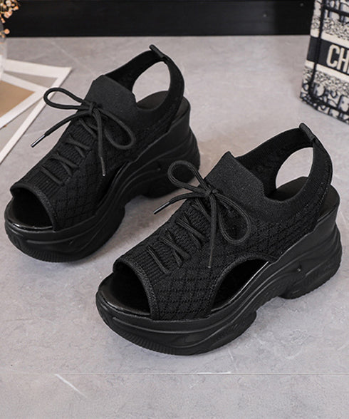 厚底ニットサンダル スポーツサンダル 夏 ボリュームソールサンダル レースアップ靴 歩きやすい痛くないスタイルアップ 韓国風サマーシューズオープントゥ 通気性軽量 86JIANL-058