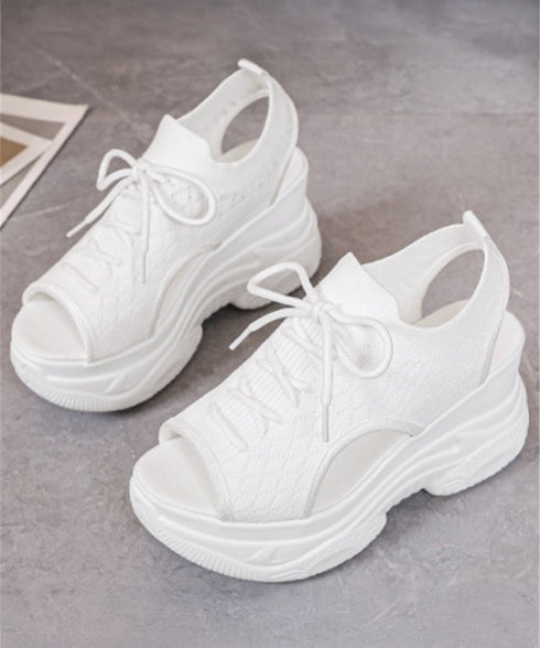 厚底ニットサンダル スポーツサンダル 夏 ボリュームソールサンダル レースアップ靴 歩きやすい痛くないスタイルアップ 韓国風サマーシューズオープントゥ 通気性軽量 86JIANL-058