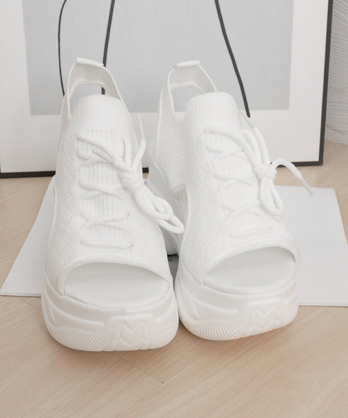 厚底ニットサンダル スポーツサンダル 夏 ボリュームソールサンダル レースアップ靴 歩きやすい痛くないスタイルアップ 韓国風サマーシューズオープントゥ 通気性軽量 86JIANL-058