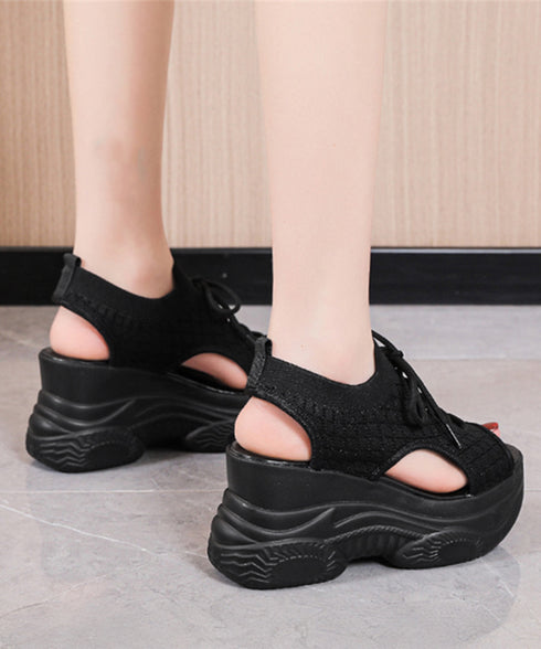 厚底ニットサンダル スポーツサンダル 夏 ボリュームソールサンダル レースアップ靴 歩きやすい痛くないスタイルアップ 韓国風サマーシューズオープントゥ 通気性軽量 86JIANL-058