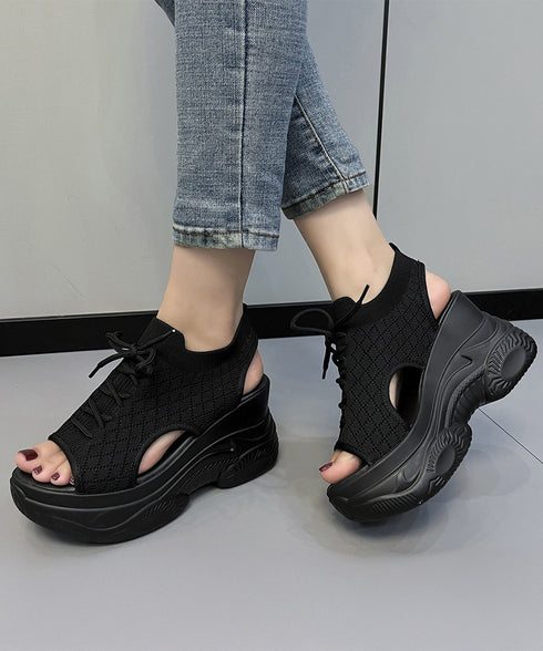 厚底ニットサンダル スポーツサンダル 夏 ボリュームソールサンダル レースアップ靴 歩きやすい痛くないスタイルアップ 韓国風サマーシューズオープントゥ 通気性軽量 86JIANL-058