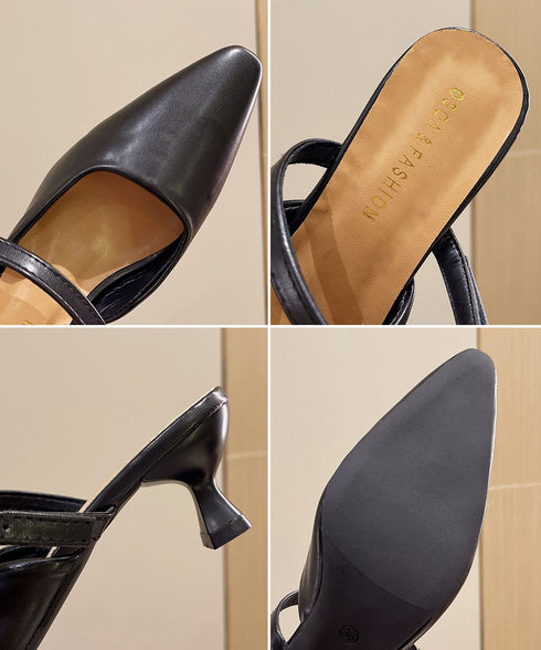 ポインテッドトゥミュールパンプスサンダル キトゥンヒールミュール オフィスカジュアル 美脚ヒールミュール 浅口ストラップパンプス 通勤シューズ 歩きやすい 春夏靴 86JIANL-059