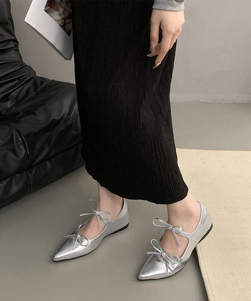 ダブルリボンパンプス美脚ポインテッドトゥ バレエパンプスぺたんこ 歩きやすい 走れるパンプス 痛くない インソールフラットシューズ きれいめ浅口パンプス 韓国風靴 86JIANL-060