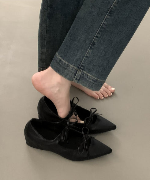 ダブルリボンパンプス美脚ポインテッドトゥ バレエパンプスぺたんこ 歩きやすい 走れるパンプス 痛くない インソールフラットシューズ きれいめ浅口パンプス 韓国風靴 86JIANL-060