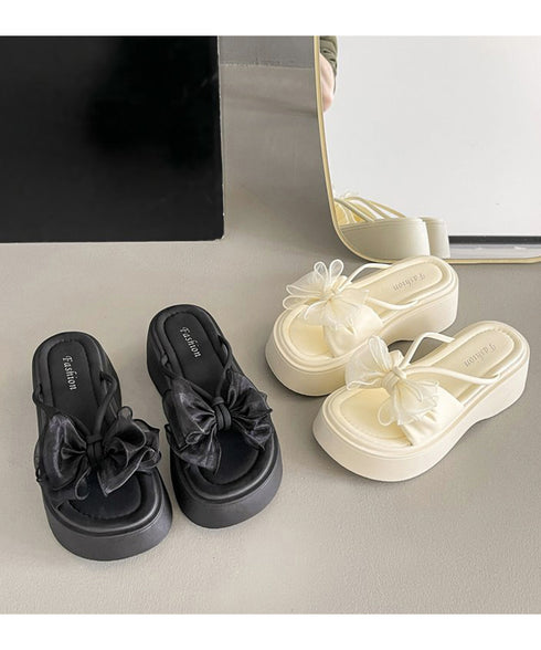 ビッグリボン厚底サンダル 履きやすい夏靴 レディース 歩きやすい チュールリボンコンフォートサンダル ボリュームソールミュールサンダル 大人可愛いフラットサンダル 86JIANL-061