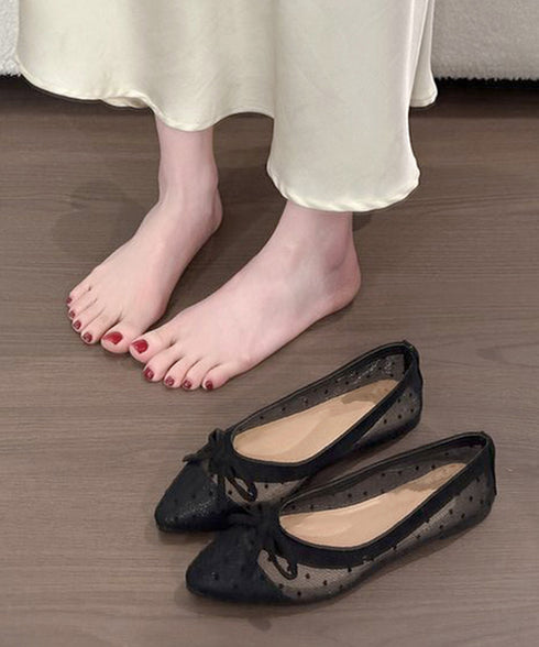 ドットバレエパンプスリボンシアーシューズ レディース メリージェーンパンプス ポインテッドトゥ 大人可愛い 歩きやすい水玉柄チュールパンプス韓国風フラットシューズ 86JIANL-065