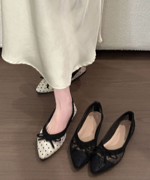 ドットバレエパンプスリボンシアーシューズ レディース メリージェーンパンプス ポインテッドトゥ 大人可愛い 歩きやすい水玉柄チュールパンプス韓国風フラットシューズ 86JIANL-065