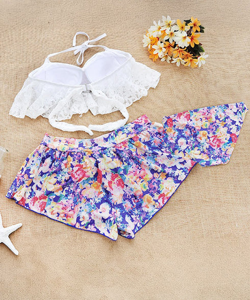 ビキニ水着レディース盛れる水着3点セット ホルターネック水着 レースフリルビキニトップス 花柄ショートパンツ セクシーバックシャン水着 背中魅せ おしゃれ みずぎ 86JINHAO-001