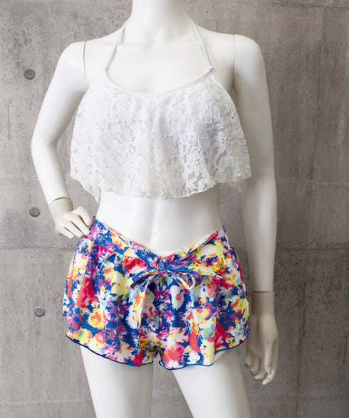 ビキニ水着レディース盛れる水着3点セット ホルターネック水着 レースフリルビキニトップス 花柄ショートパンツ セクシーバックシャン水着 背中魅せ おしゃれ みずぎ 86JINHAO-001