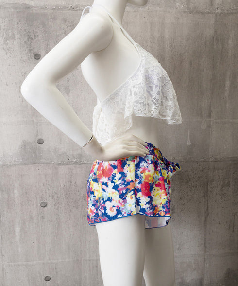 ビキニ水着レディース盛れる水着3点セット ホルターネック水着 レースフリルビキニトップス 花柄ショートパンツ セクシーバックシャン水着 背中魅せ おしゃれ みずぎ 86JINHAO-001