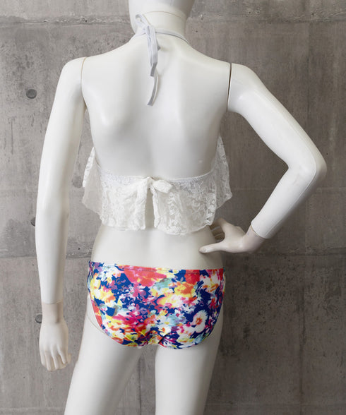 ビキニ水着レディース盛れる水着3点セット ホルターネック水着 レースフリルビキニトップス 花柄ショートパンツ セクシーバックシャン水着 背中魅せ おしゃれ みずぎ 86JINHAO-001