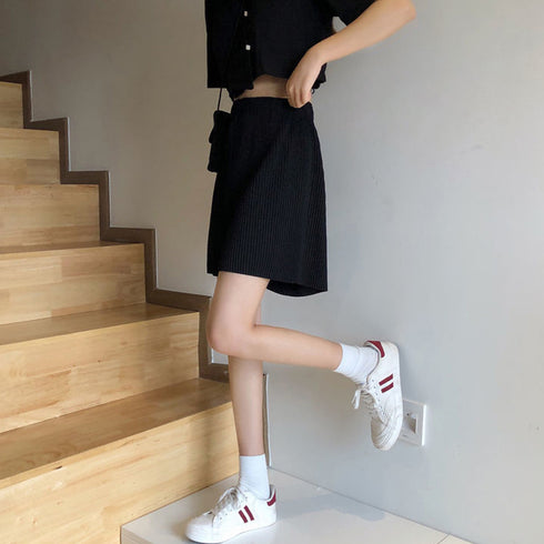 プリーツパンツ ショート ワイドパンツ 韓国 レディース ハイウエスト ハーフパンツ ウエストゴム カジュアルパンツ 着やせ ゆったり イージーパンツ 86JINYI-001