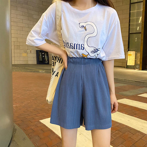 プリーツパンツ ショート ワイドパンツ 韓国 レディース ハイウエスト ハーフパンツ ウエストゴム カジュアルパンツ 着やせ ゆったり イージーパンツ 86JINYI-001