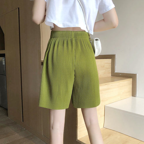 プリーツパンツ ショート ワイドパンツ 韓国 レディース ハイウエスト ハーフパンツ ウエストゴム カジュアルパンツ 着やせ ゆったり イージーパンツ 86JINYI-001