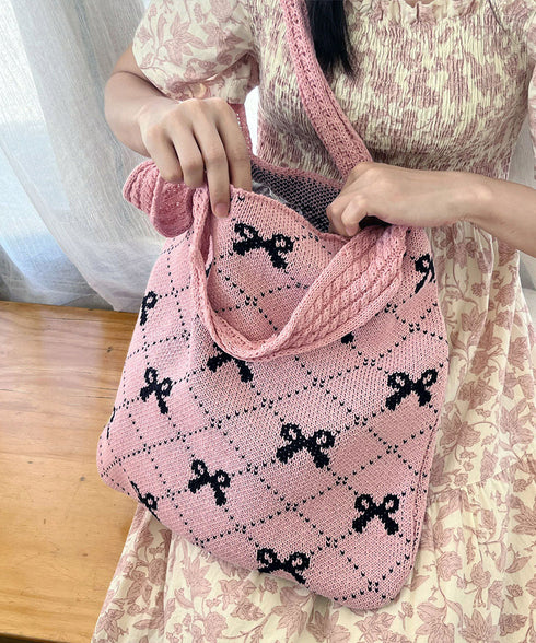 ニットトートバッグ リボン柄ニット編み鞄 レディース マルシェバッグ 肩掛けバッグ 折りたたみ サブバッグ 大容量 軽量 手提げバッグ カジュアル 柔らかいかばん 86JIXIN-004
