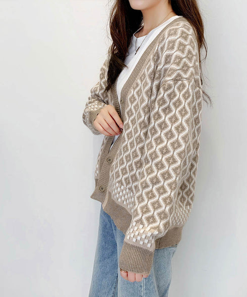 ジャガード編みニットカーディガンVネック 韓国 レディース 秋冬服 長袖 ドロップショルダー ニットトップス 体型カバー ゆったり 着やせ ニット羽織り きれいめ 86KANING-005