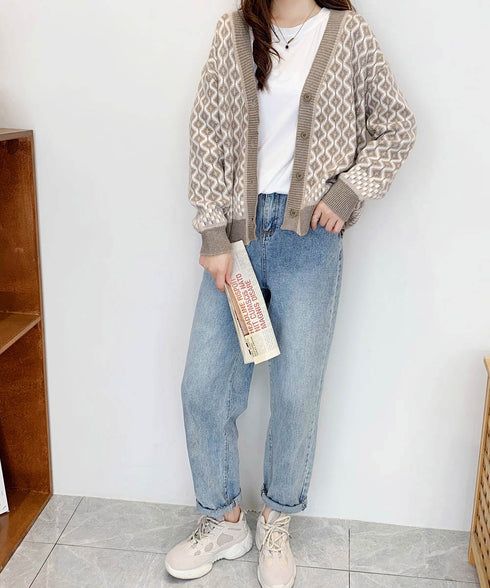 ジャガード編みニットカーディガンVネック 韓国 レディース 秋冬服 長袖 ドロップショルダー ニットトップス 体型カバー ゆったり 着やせ ニット羽織り きれいめ 86KANING-005